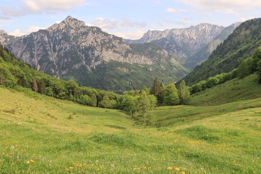 Frühling im Salzkammergut, Blick zum Rinnkogel und Gamsfeld